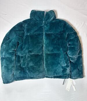 Madden Girl Green Faux Fur Puffer Jacket Full Zip Short Coat L/G